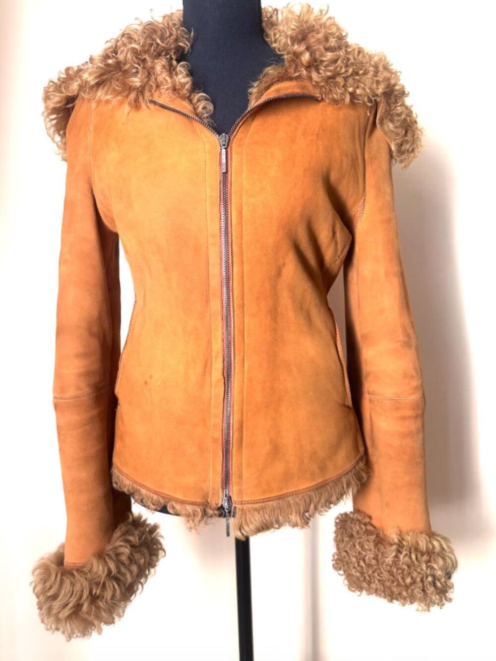 Gianfranco Ferre Y2K Shearling Jacket Camel Curly Fur Collar